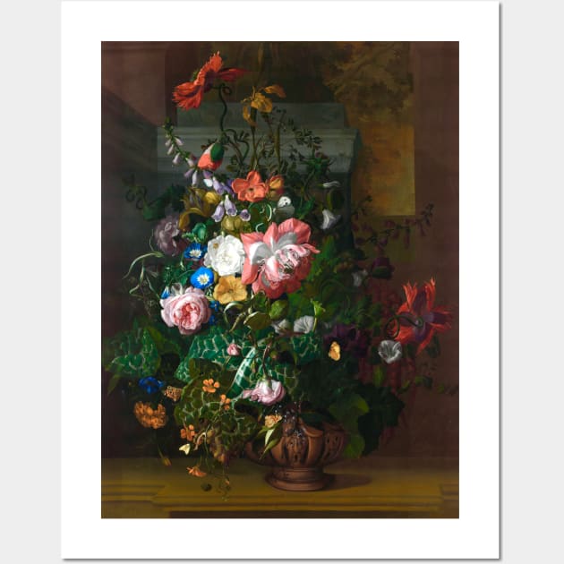 Roses, Convolvulus, Poppies, and Other Flowers in an Urn on a Stone Ledge by Rachel Ruysch (digitally enhanced) Wall Art by Amanda1775